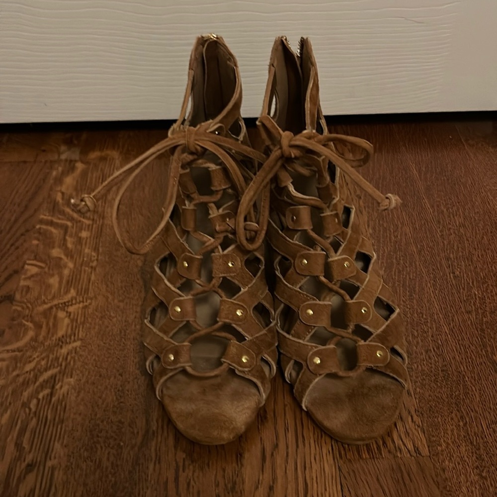 Tan suede lace up sandal